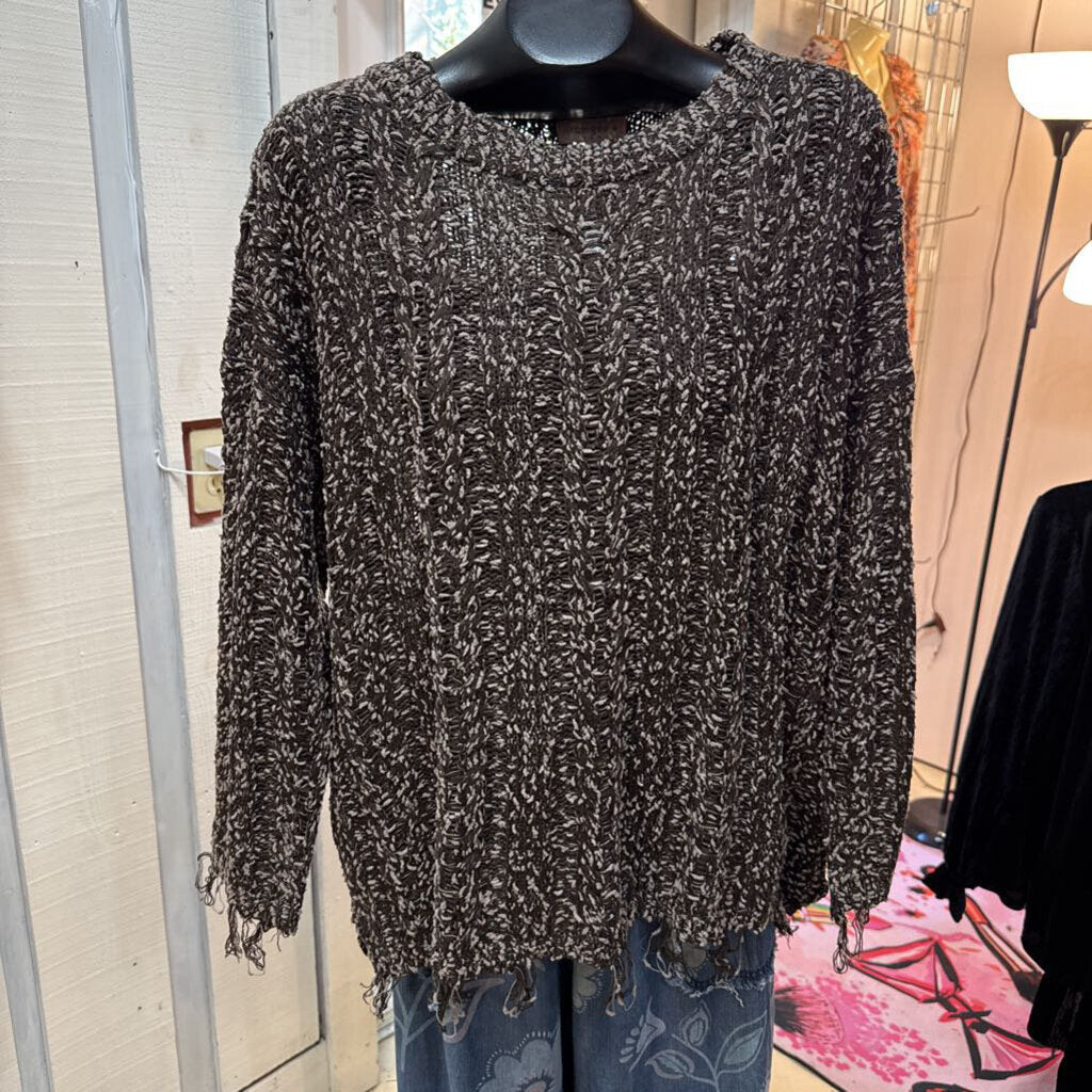 UMGEE, Sweater,Round Neck Frayed Hem,Brown,XL