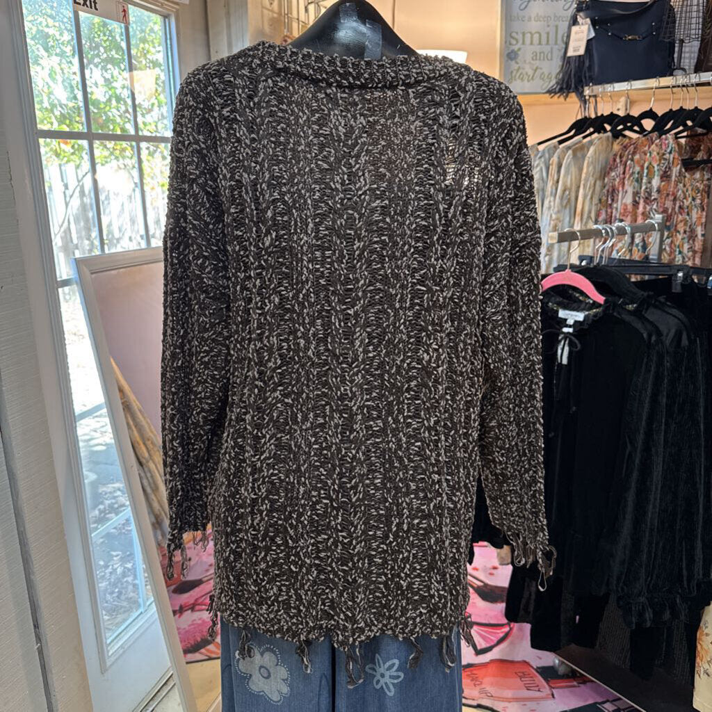 UMGEE, Sweater,Round Neck Frayed Hem,Brown,XL