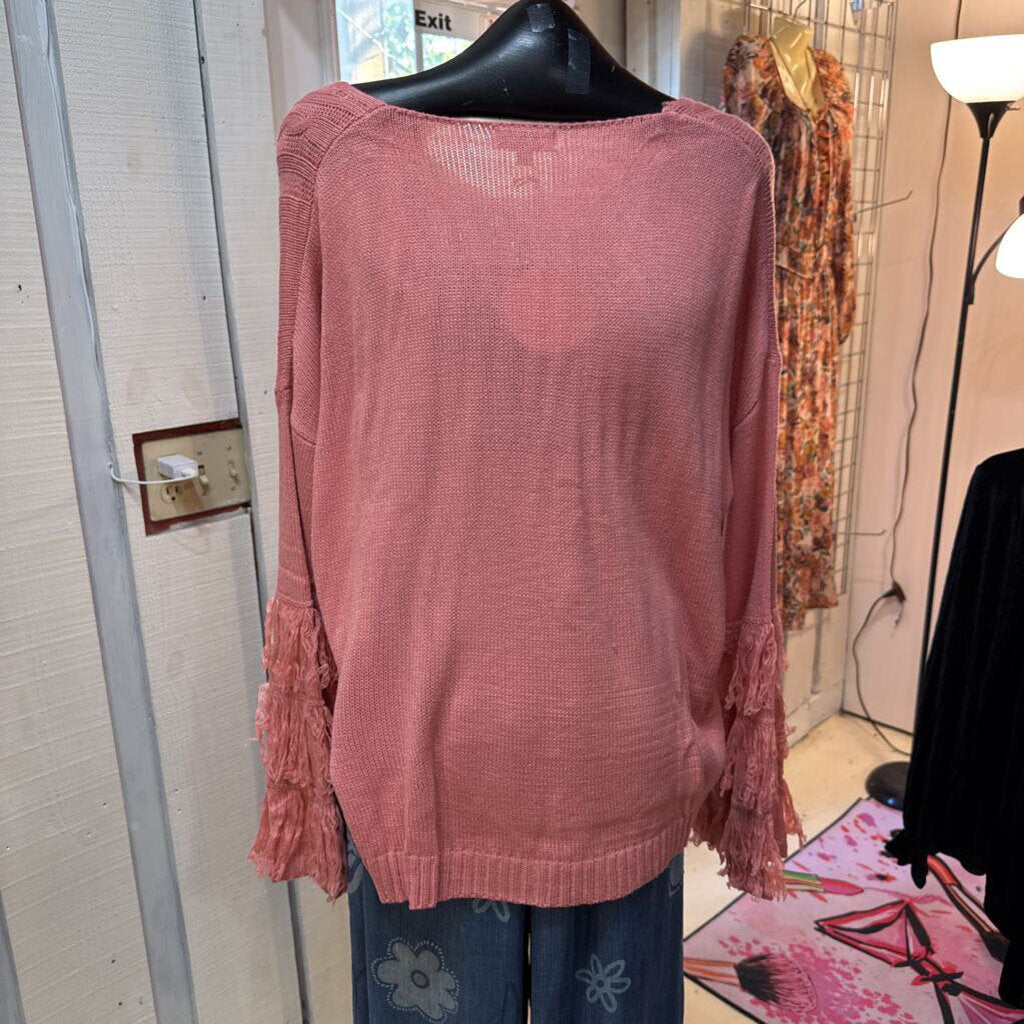 UMGEE, Sweater,V Neck Cable Knit Fringe Trim