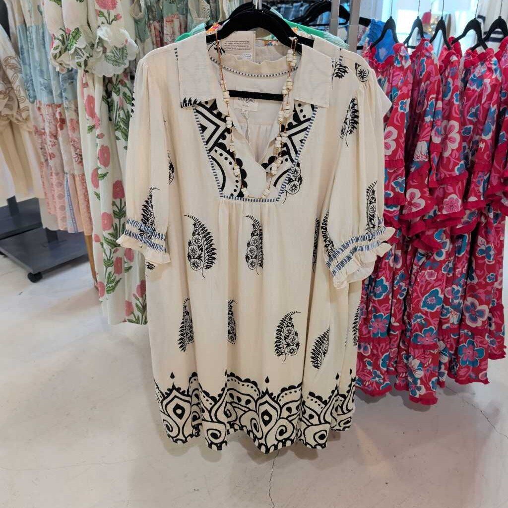 UMGEE, Dress,Paisley Print Babydoll,Ecru,1XL