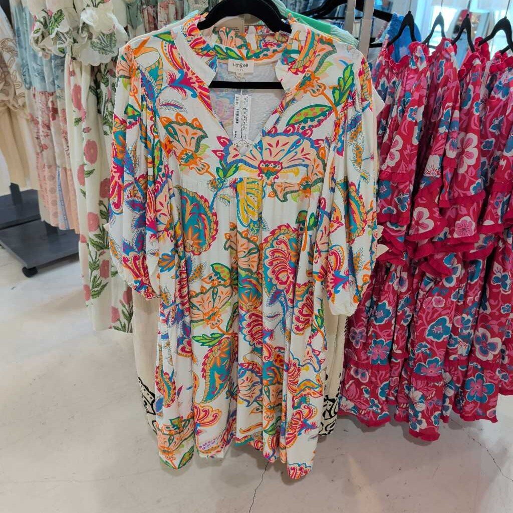 UMGEE, Dress,Print Puff Sleeve Babydoll`,Cream Mix,1XL