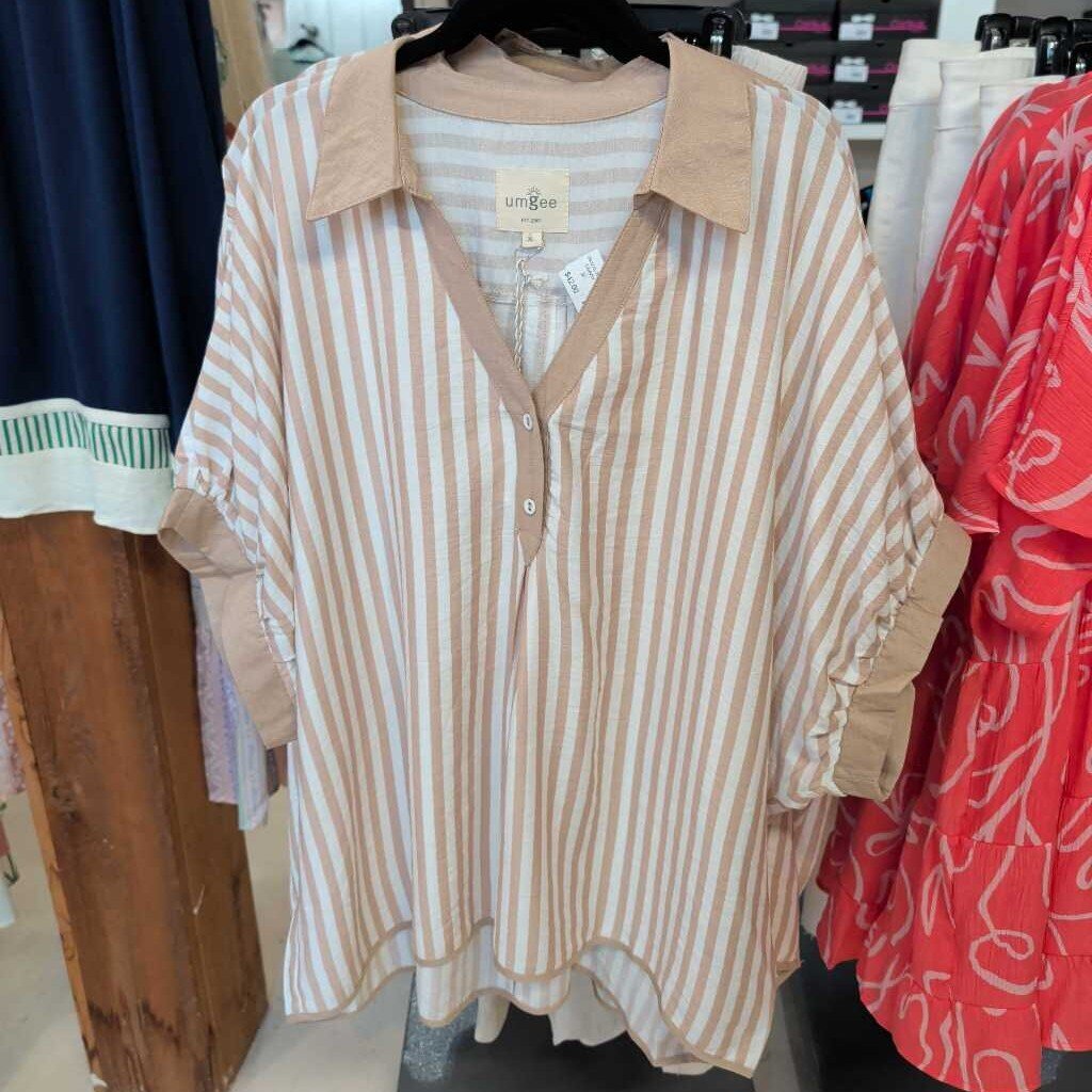 UMGEE, Top,Striped V-Neck,Latte,XL