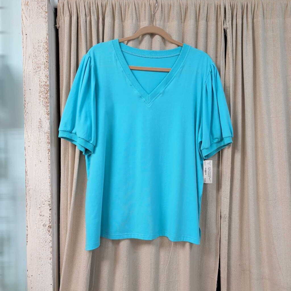 Secret Style, Top,Puff Sleeve V-Neck,Turquoise,XL
