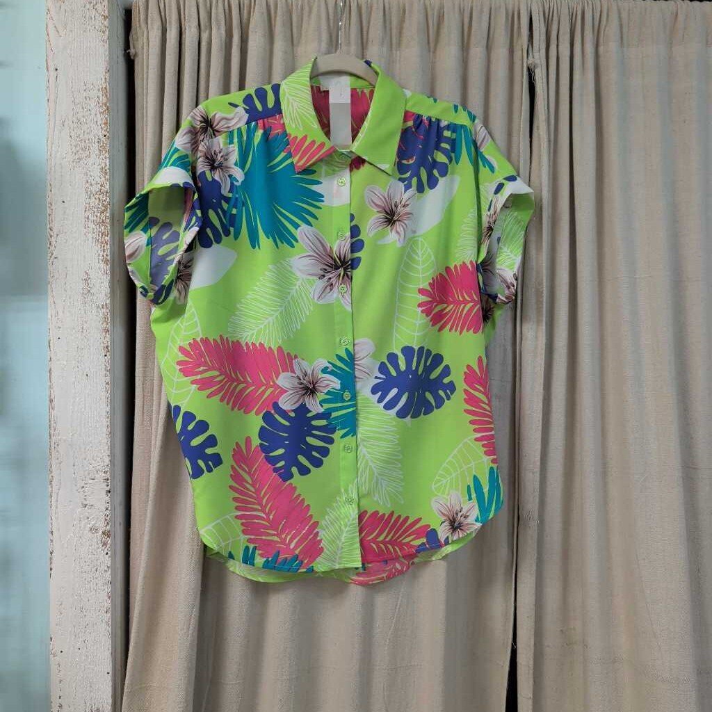 jodifl, Top,Tropical Print Button Front,Green Multi,S