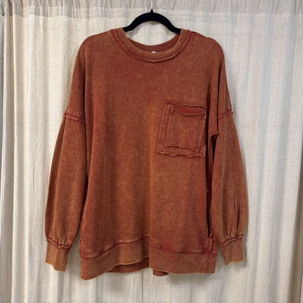 Zenana, Top,F/Terry Acid Wash Pullover,Rust,L