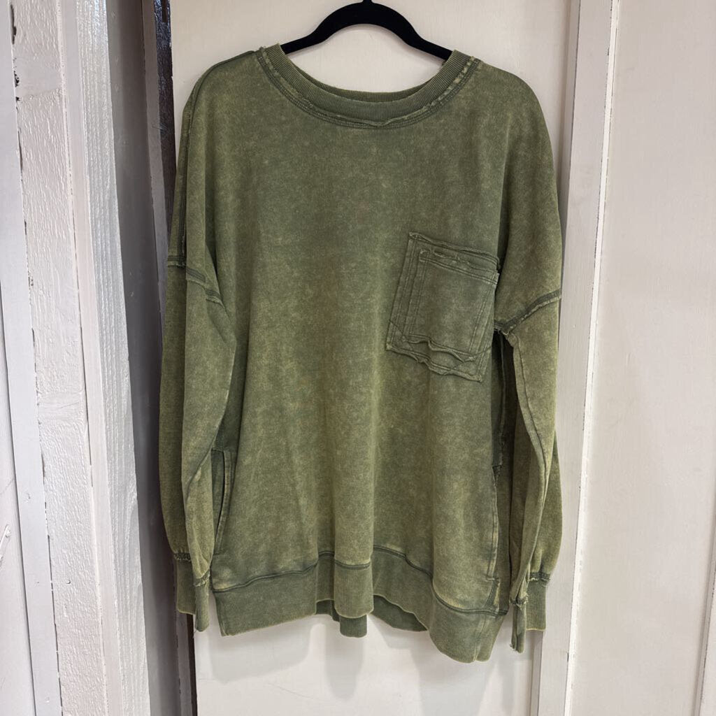 Zenana, Top,F/Terry Acid Wash Pullover,Lt. Olive,M