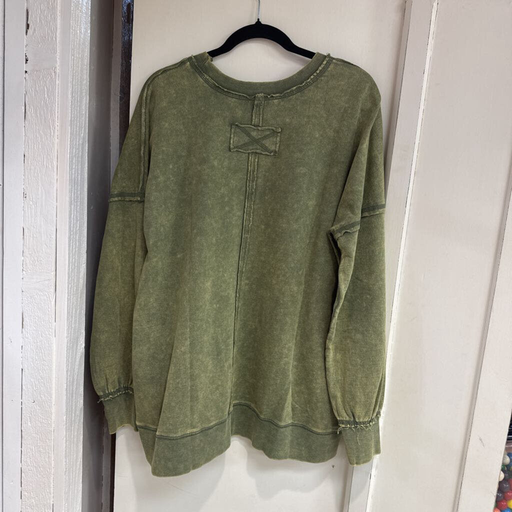 Zenana, Top,F/Terry Acid Wash Pullover,Lt. Olive,M