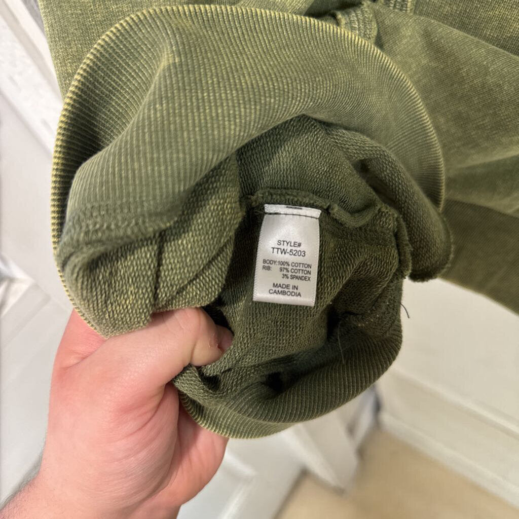 Zenana, Top,F/Terry Acid Wash Pullover,Lt. Olive,M