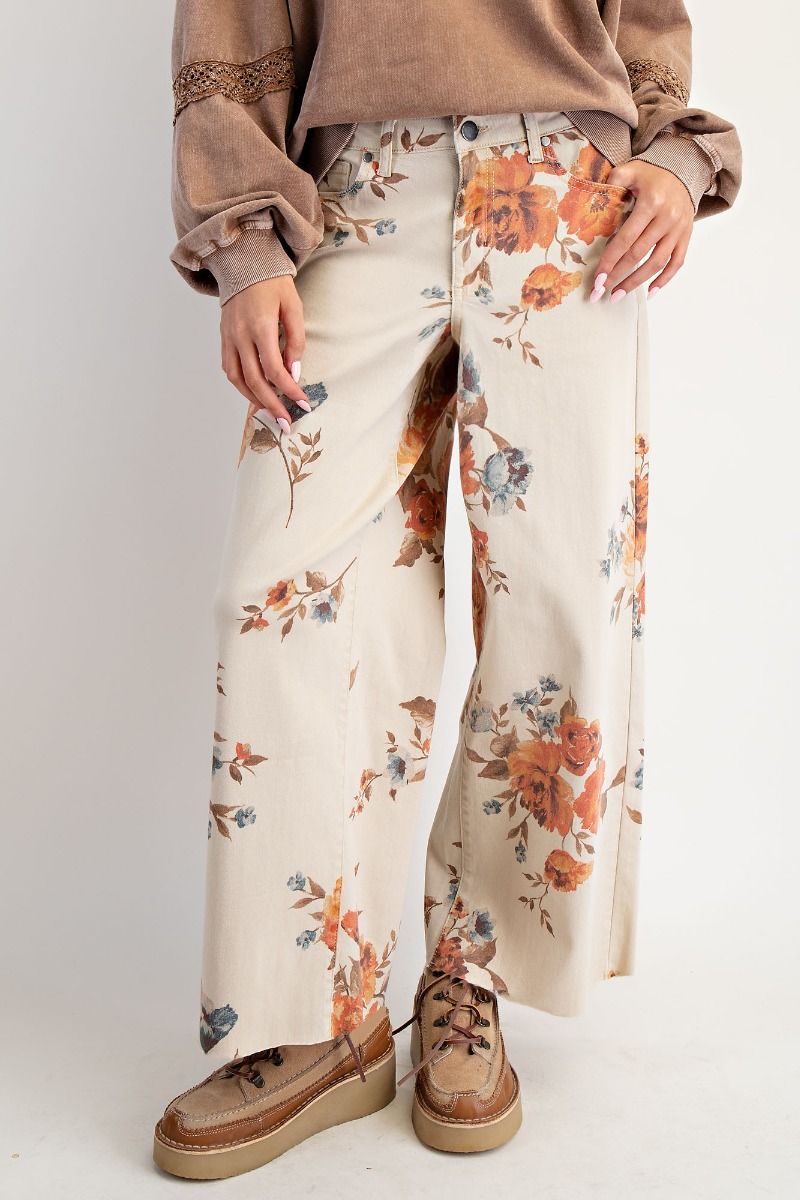 easel, Pants,Floral Print Raw Hem