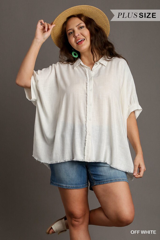 UMGEE,women,Top,Linen Blend Button Down Dolman Sleeves,Off White,XL