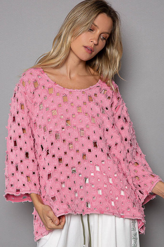 POL, Top,Oversized See Through 3/4 Sleeve,Pink,Small