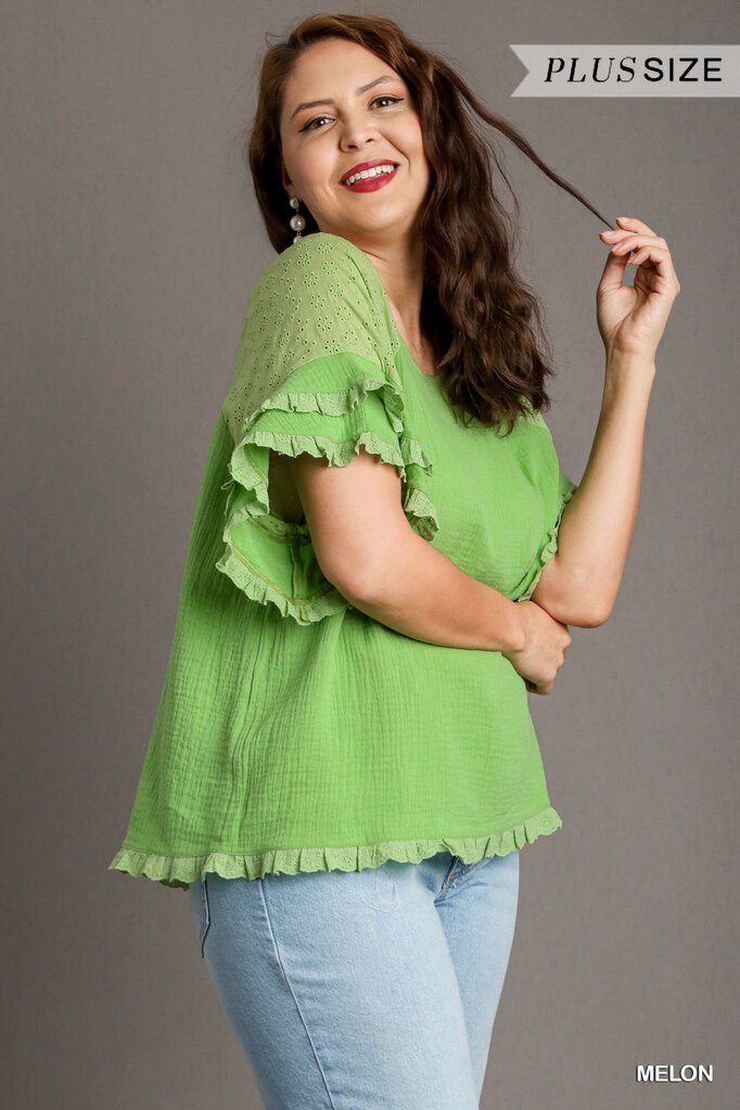 UMGEE, Top,Gauze Round Neck W/Ruffle Sleeves