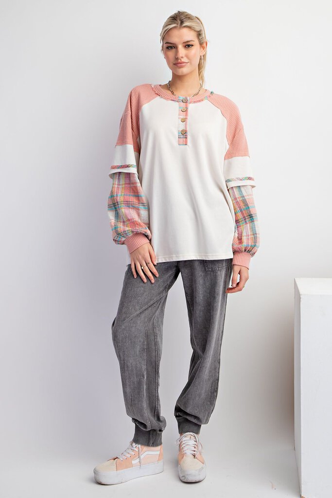 Easel LA, Top,L/S Henley Plaid Trim