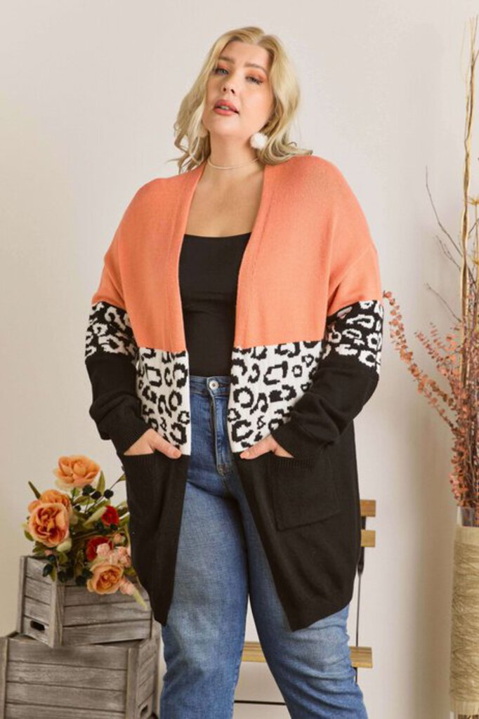 Adora LA, Top,Colorblock Cardigan,Coral Balck,1XL