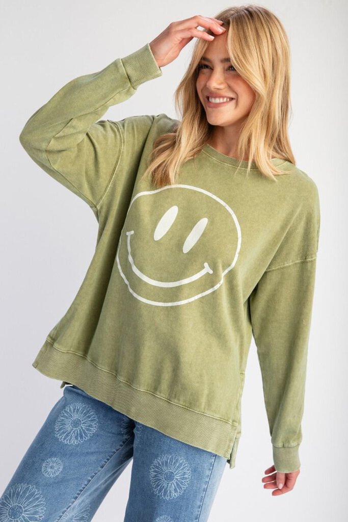 Easel LA, Top,Smiley Terry Knit Pullover,Olive,1X