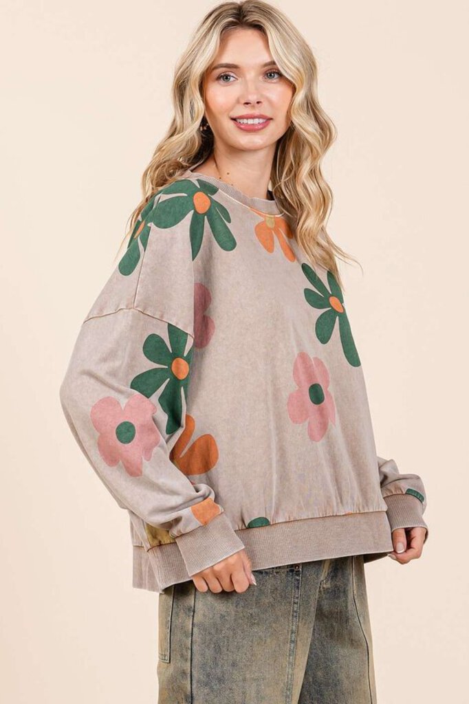 mittoshop, Top,Flower Print Sweatshirt,Mocha,S