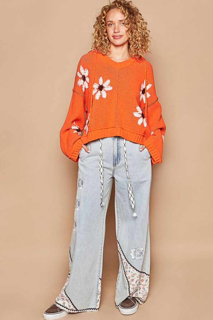 POL, Top,Hooded V-Neck Floral Sweater