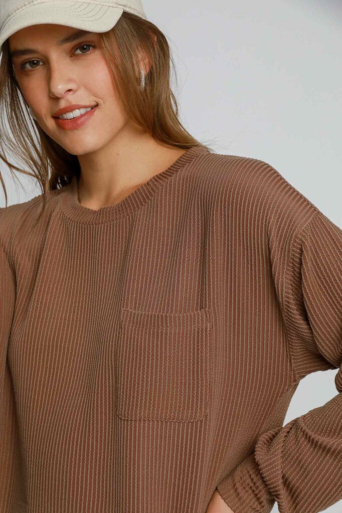 UMGEE, Top,Textured Knit Pocket,Brown,S