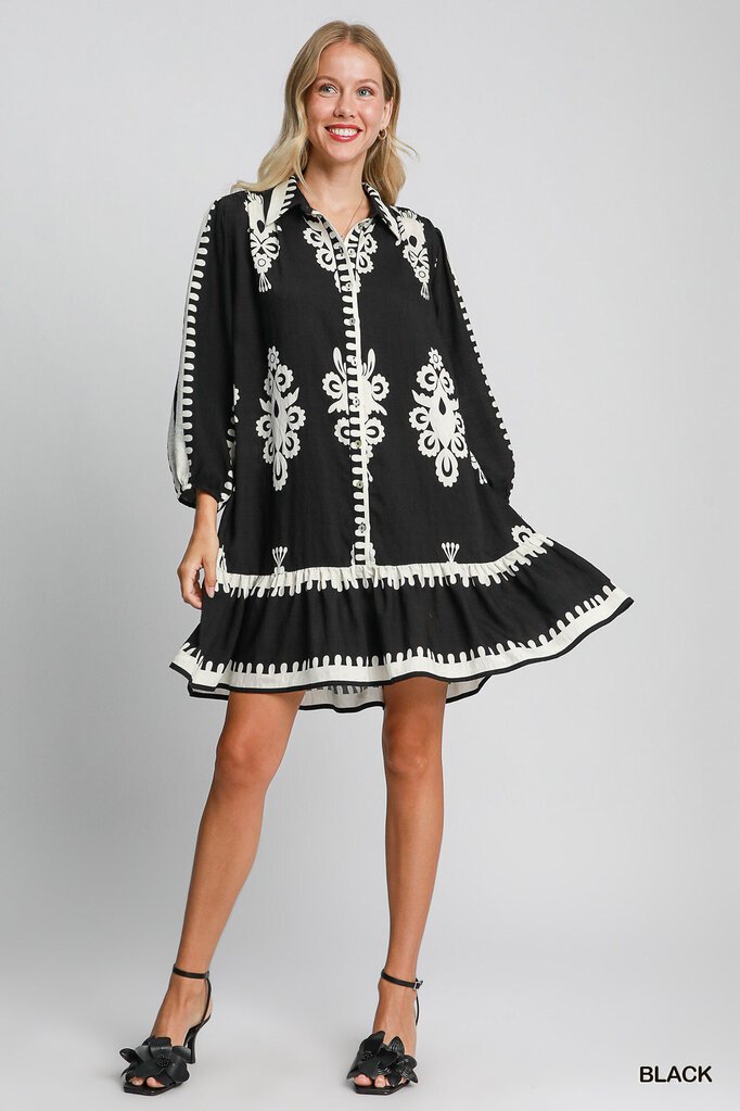 UMGEE, Dress,Print Button Down,Black Cream,S