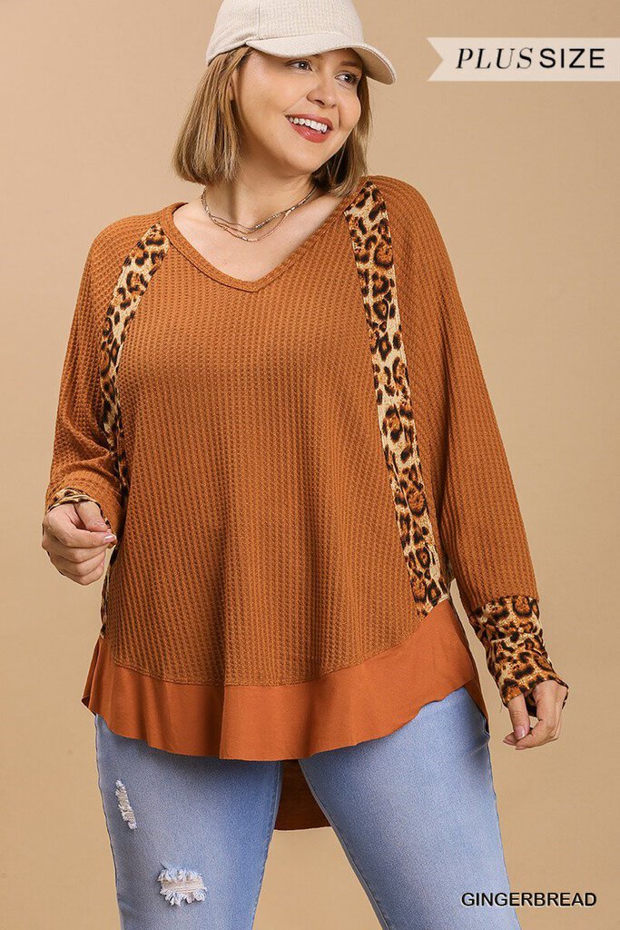 UMGEE, Top,Waffle Knit Leopard Trim