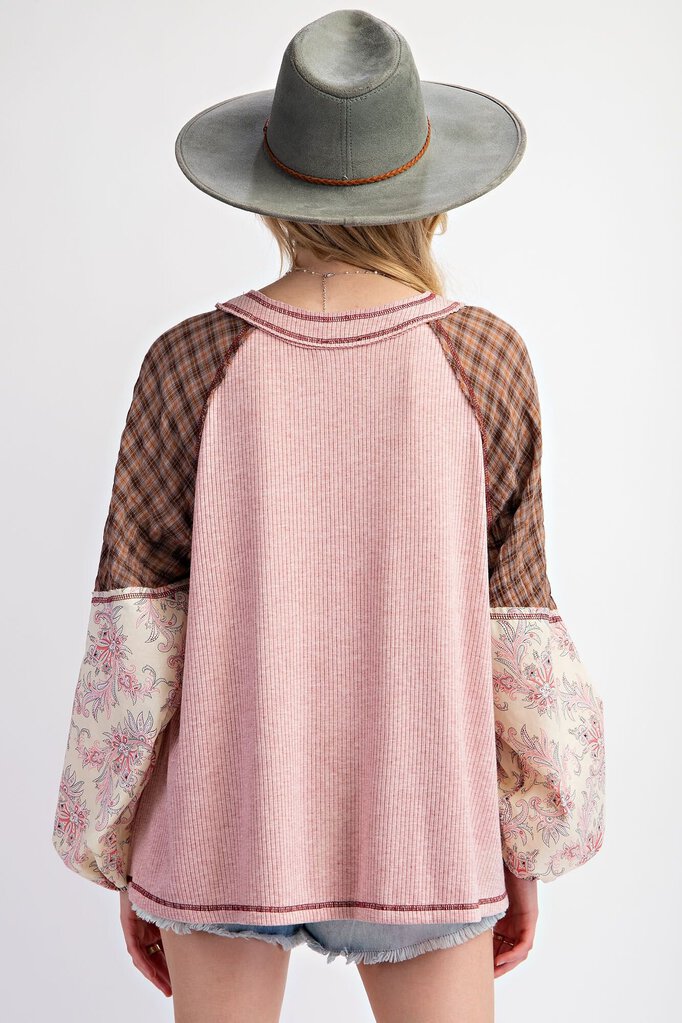 easel, Top,Rib Knit Print Sleeve