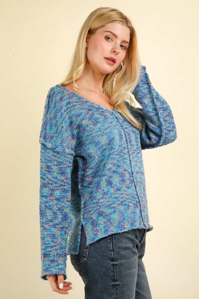 Very J, Top,Multi Color Knit Sweater,Blue,L