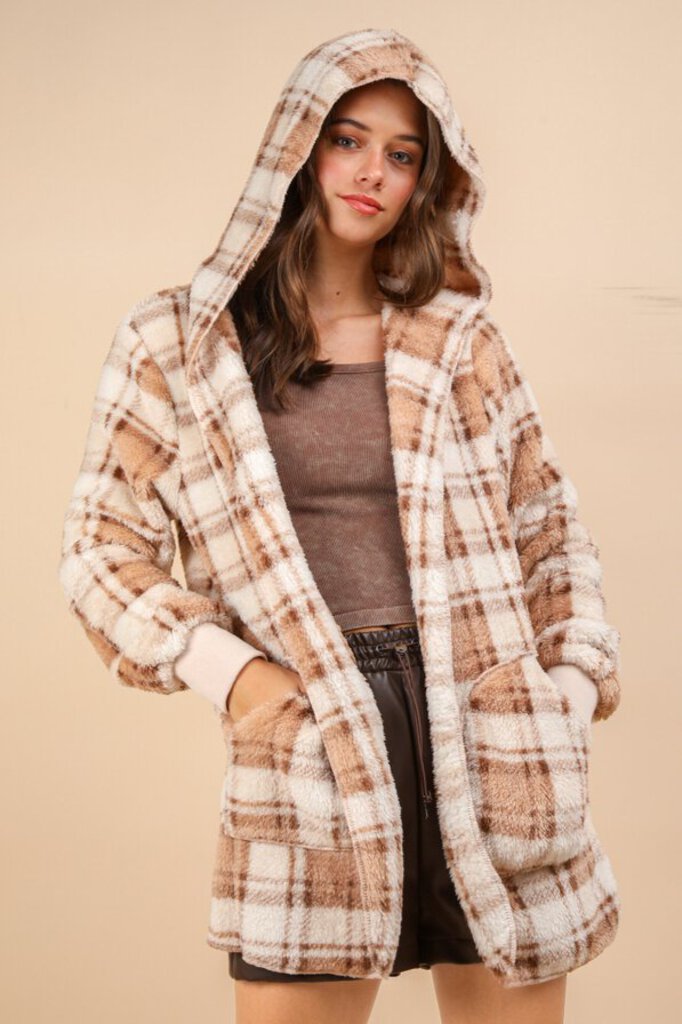 Very J, Outerwear,Faux Fur Plaid Hooded Jacket