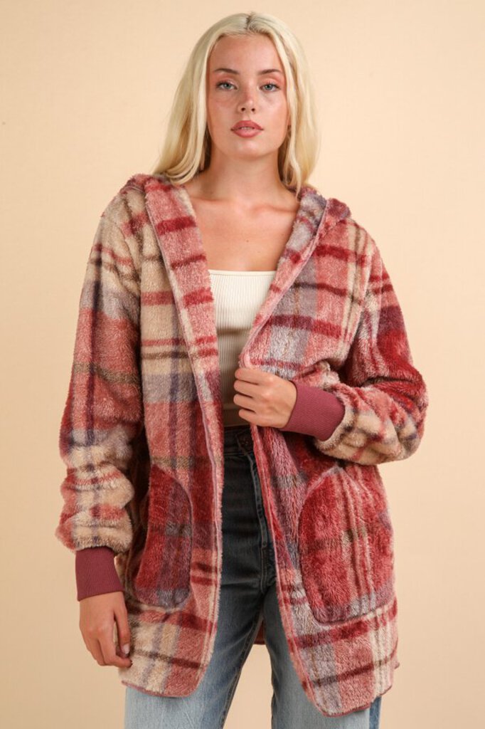 Very J, Outerwear,Faux Fur Plaid Hooded Jacket