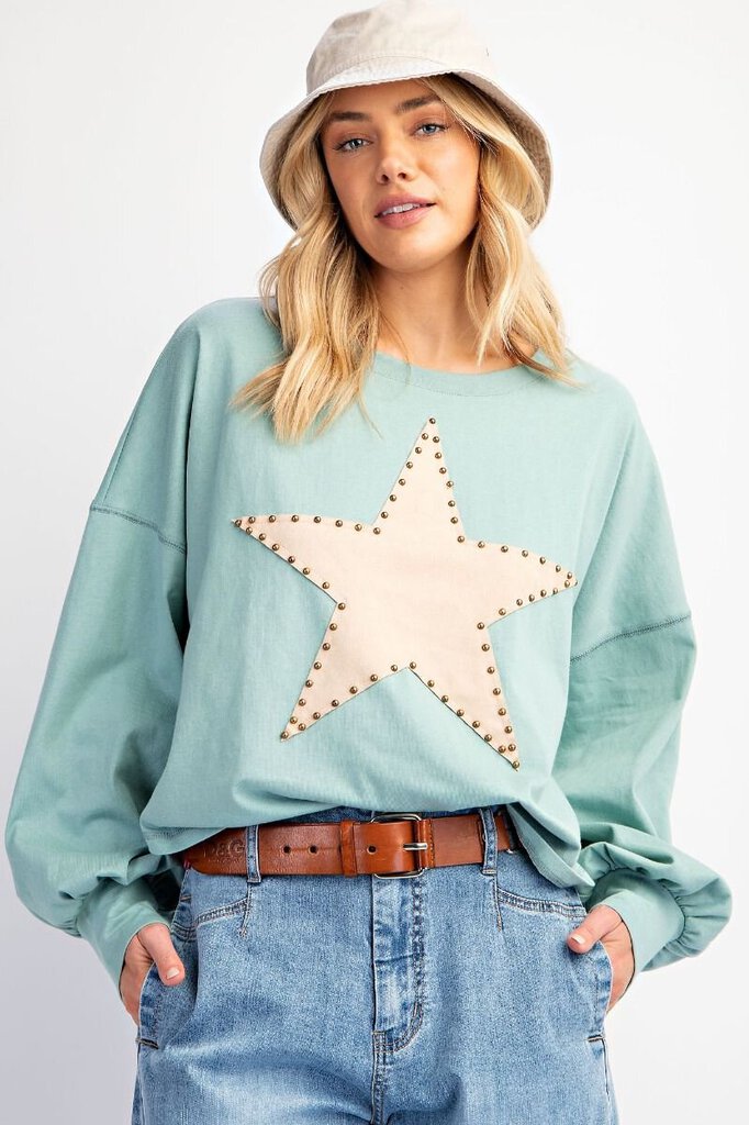 easel, Top,Star Patch Jersey Knit,Seafoam,3X