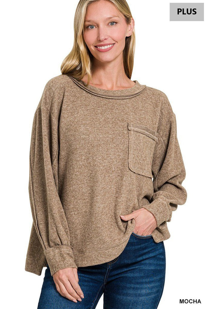 Zenana, Top,Brushed Hi-Low Round Neck Sweater