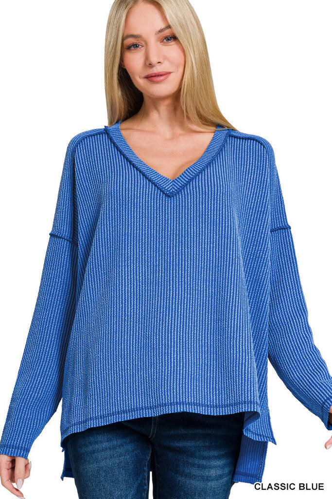 Zenana, Top,Ribbed V Neck Hi-Low,Blue,S/M