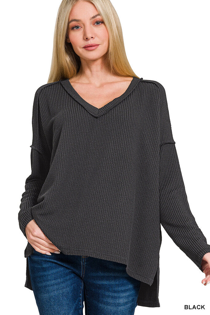 Zenana, Top,Ribbed V Neck Hi-Low