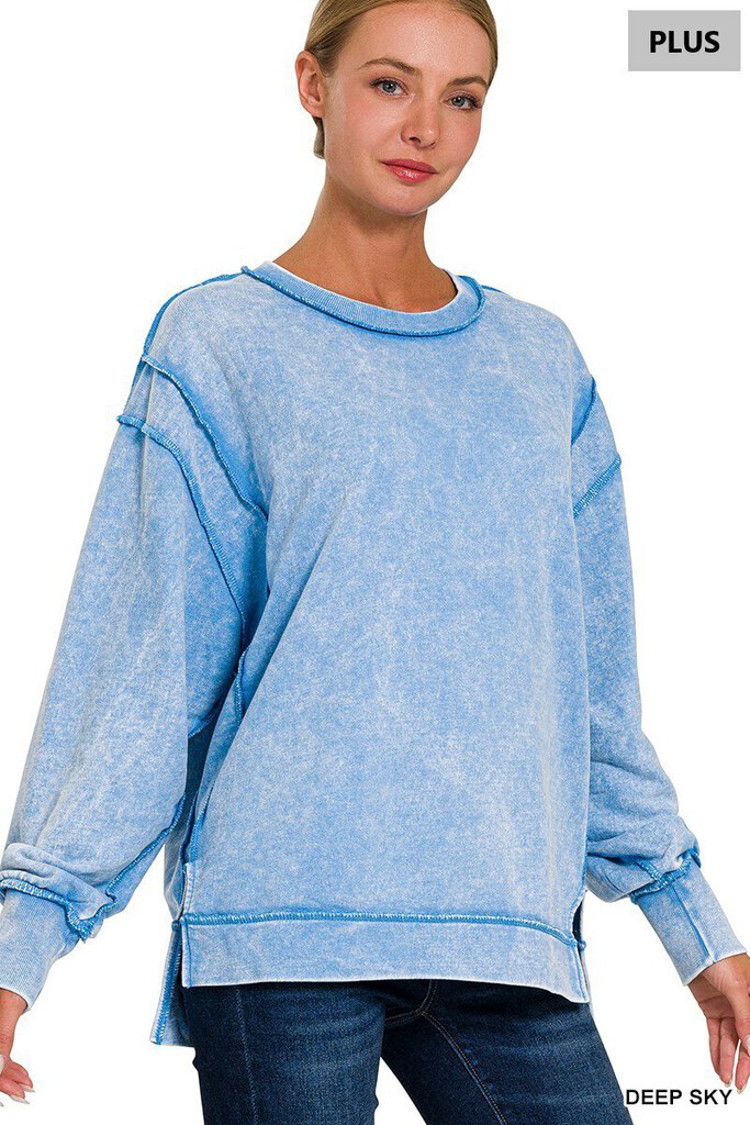 Zenana, Top,Acid Wash F/Terry Sweatshirt