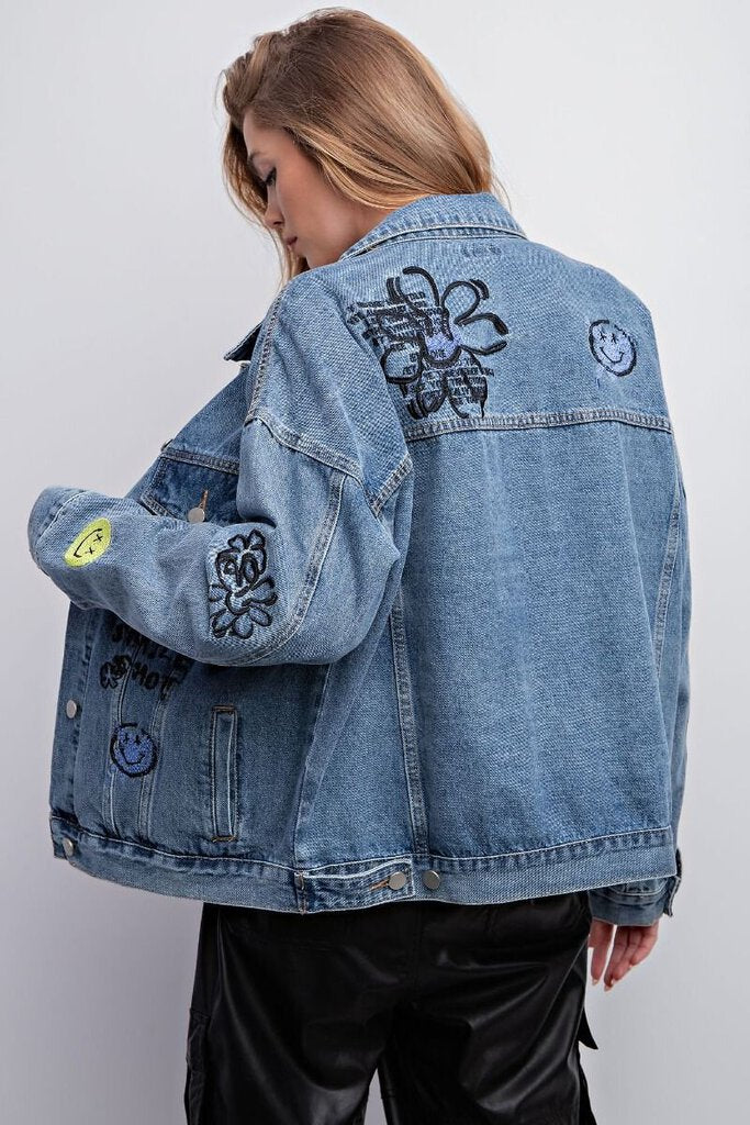 easel, Jacket,Embroidered Washed Denim