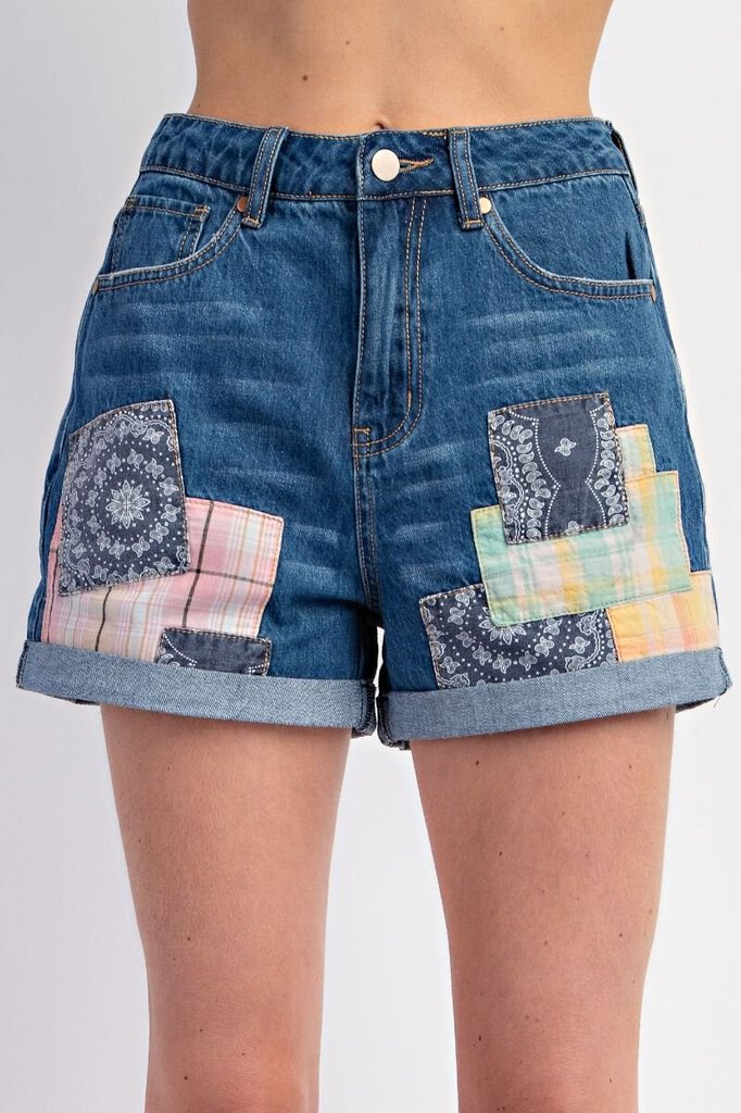 easel, Shorts,Patchwork Rolled Cuff Denim