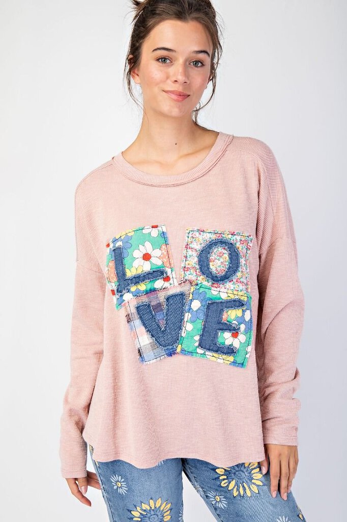 easel, Top,LOVE Patch Rib Knit Mineral Wash