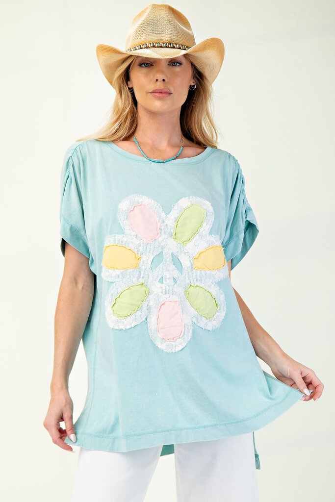 easel, Top,Flower Patch Mineral Wash Tunic,Seal Blue,L