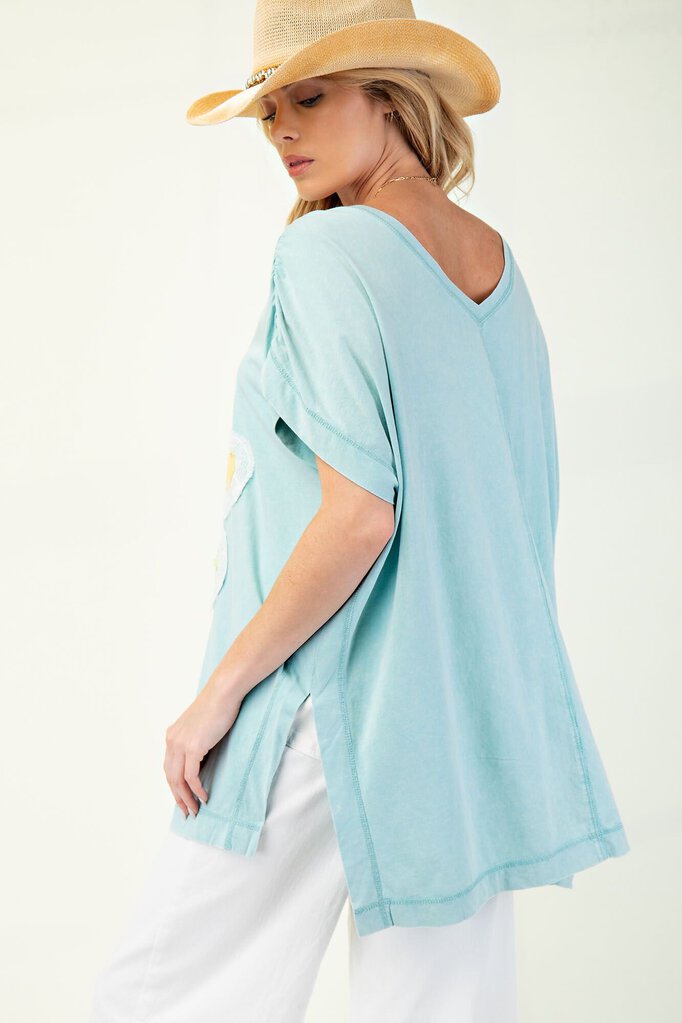 easel, Top,Flower Patch Mineral Wash Tunic,Seal Blue,L