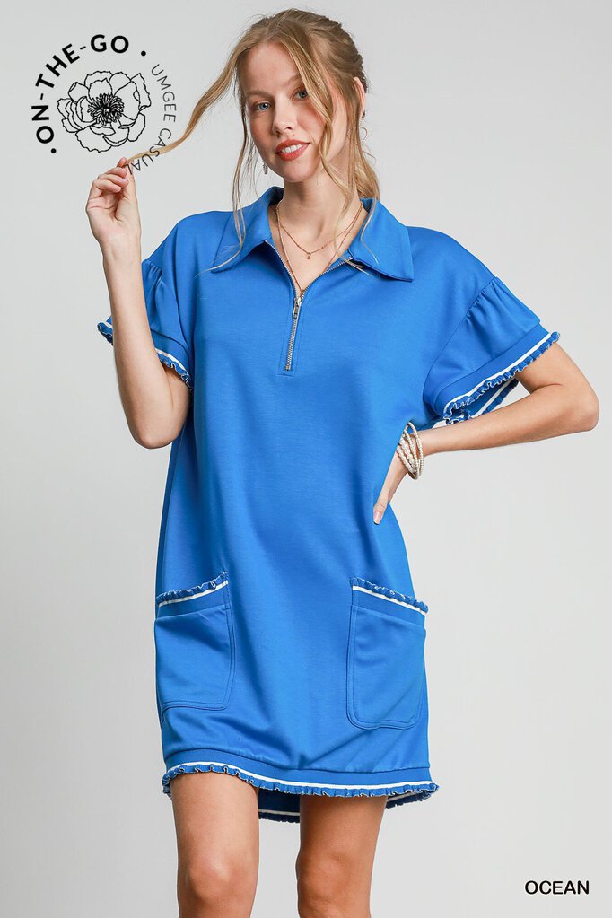 UMGEE, Dress,Half Zip Ruffle SL Pocket