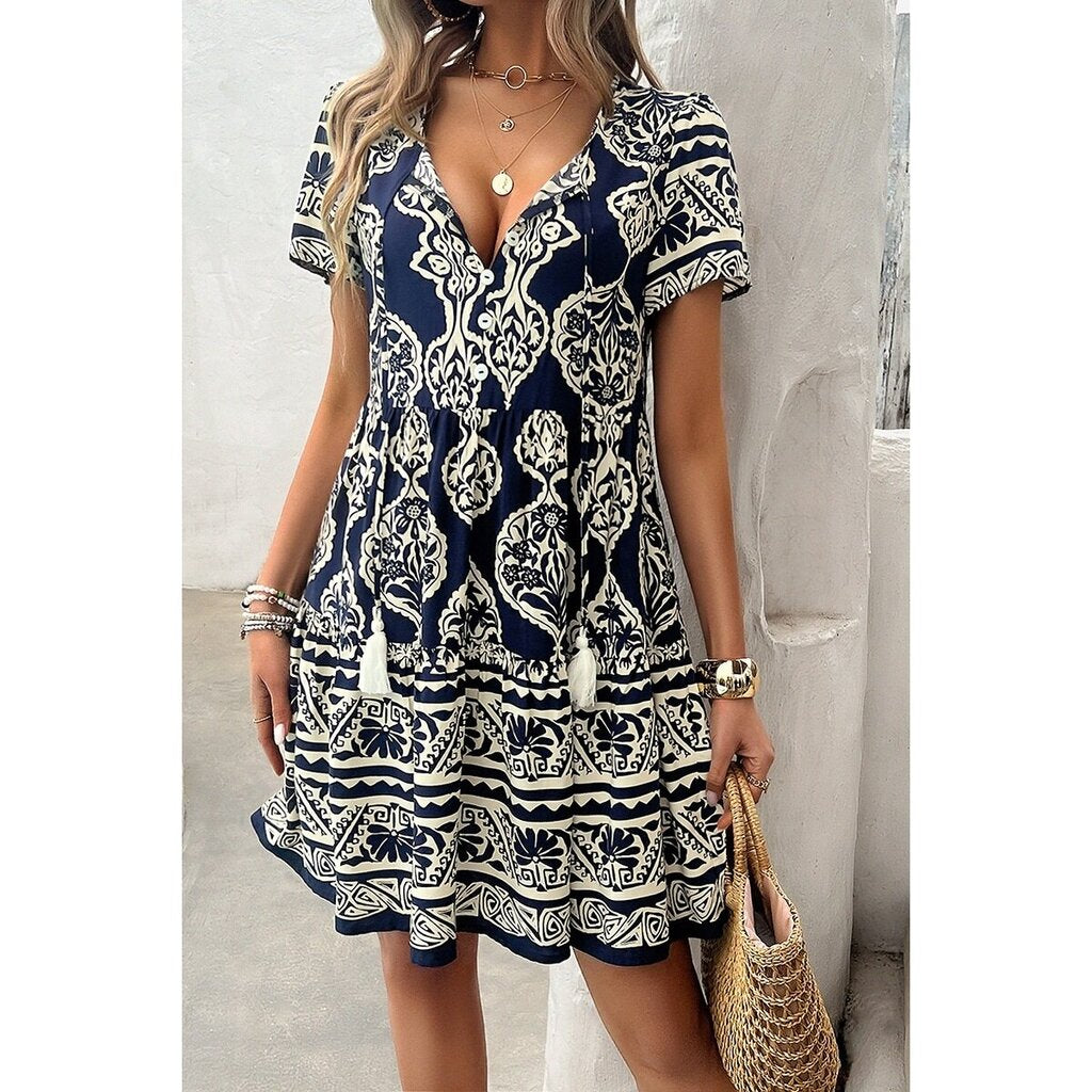 Supreme Fashion, Dress,Print V-Neck Tassel Trim-Dress-Supreme Fashion-Scarlett&#x27;s Boutique and Home
