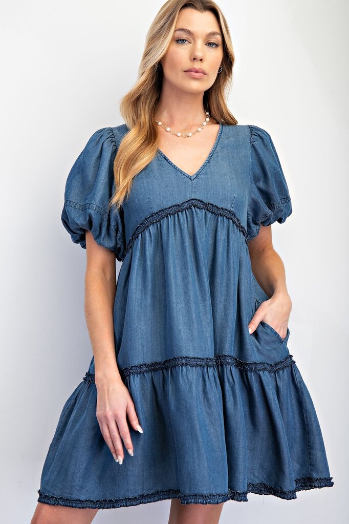 easel, Dress,Bubble Sleeve V-Neck Denim,Blue,L