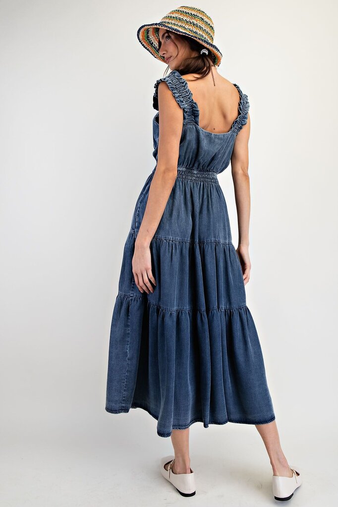 easel, Dress,Ruffle Trim Chambray Tiered Maxi