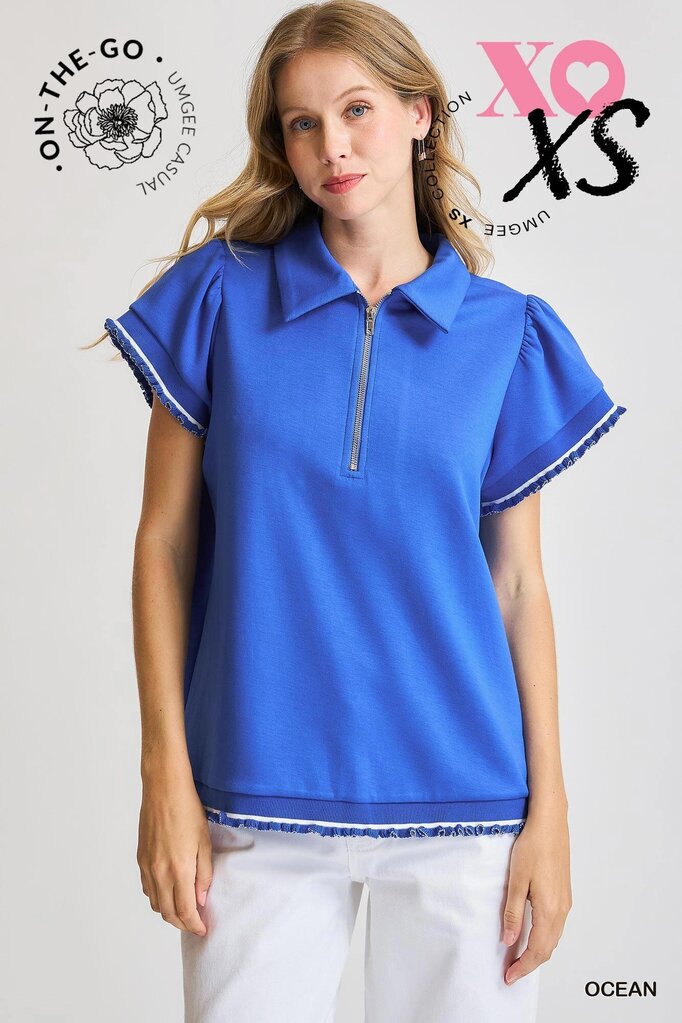 UMGEE, Top,Half Zip Ruffle Sleeve