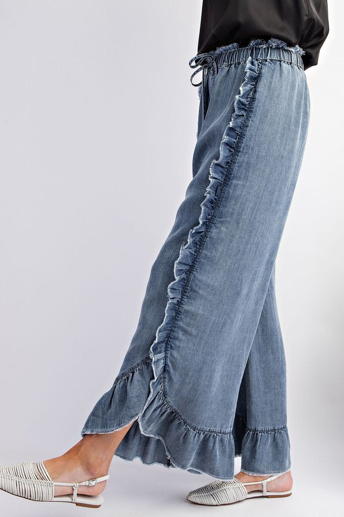 easel, Pants,Ruffle Detailing Washed Denim