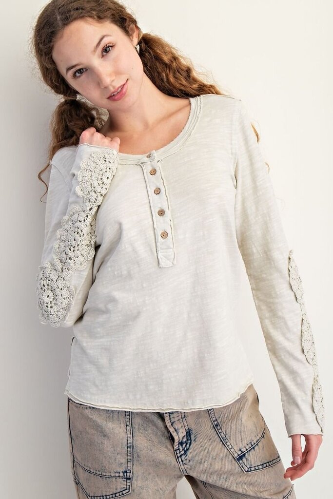 easel, Top,LS Crochet Trim Henley