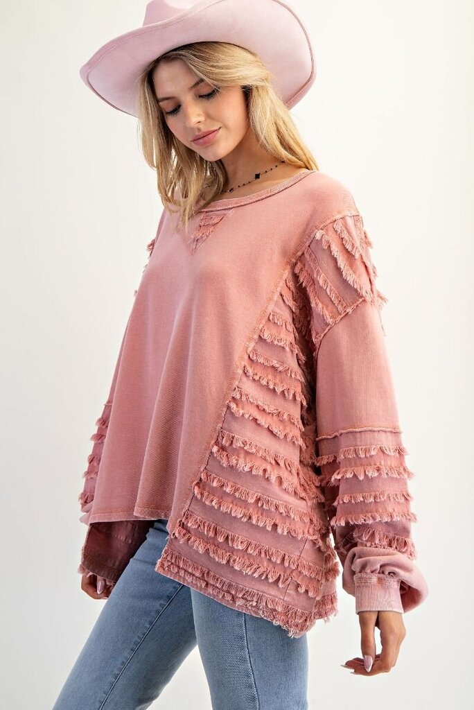 easel, Top,Fray Trim Washed Terry Pullover