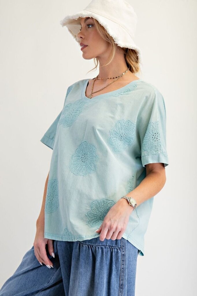 easel, Top,Embroidered Mineral Wash Boxy,Blue,3X