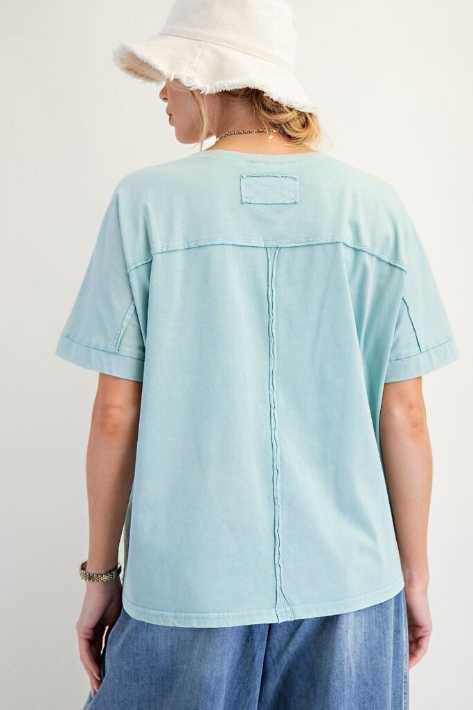 easel, Top,Embroidered Mineral Wash Boxy,Blue,3X