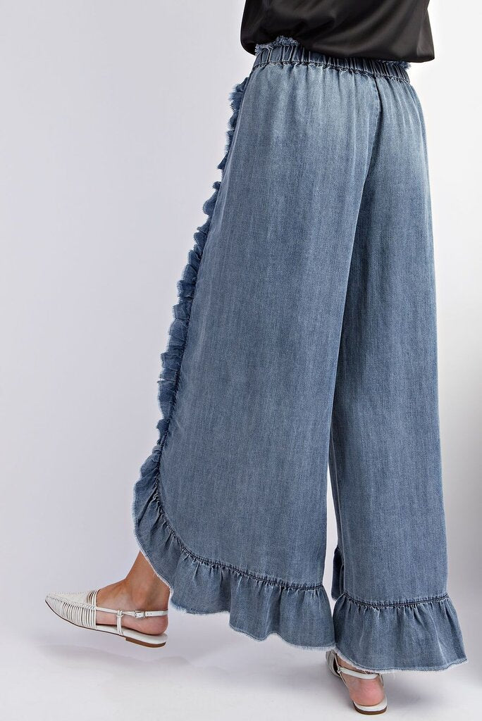 easel, Pants,Ruffle Detailing Washed Denim