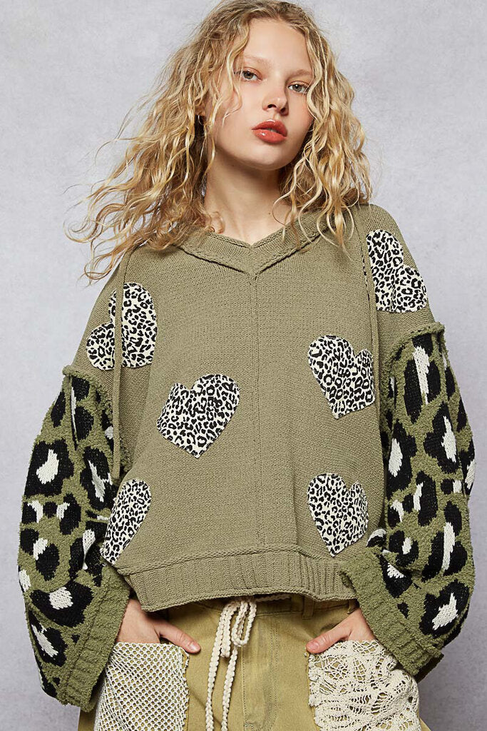 POL, Sweater,Chenille Hoodie w/Leopard Patches